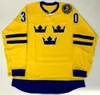 2014 TEAM SWEDEN koszulki hokejowe męskie 30 Henrik Lundqvist Vintage żółta szyta koszulka S-XXXL