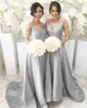Robes de demoiselles d'honneur en satin argenté longues 2019 Spaghetti col en V dos nu A-ligne robes de soirée simples robes de mariée invités sur mesure 2019