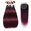 Colored Brazilian Burgundy Virgin Hair Bundles With Lace Closure 1B/99j Brazilian Ombre Straight Human Hair Weaves Extensions With Closure