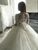 2020 New Luxury Ball Gown Wedding Dresses Jewel Neck Lace Appliques Long Sleeves Sheer Button Back Tulle Court Train Formal Bridal Gowns