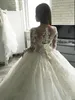 2020 Nuovi abiti da ballo di lusso Abiti da sposa Gioiello Collo Applicazioni di pizzo Maniche lunghe Bottone trasparente Indietro Tulle Corte dei treni Abiti da sposa formali