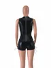 2018 fashion solid leather jumpsuit women sexy skinny deep v-neck playsuits ladies sleeveless hollow out playsuits free shipping