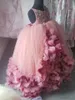 Grå Beaded Ball Gown Girls Pageant Klänningar V Nacke Flower Girl Dress Tulle 3D Appliqued Floor Längd Kids Holy Communion Dress