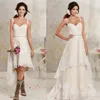 2019 Nuovi abiti da sposa sexy in due pezzi Spaghetti in pizzo A Line Abiti da sposa con gonna corta staccabile Hi-Lo Country Bohemian Wed280N