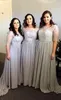 Luxury Dubai Arabic Beaded Sequin Bridesmaid Dresses Long 2018 Light Grey Chiffon Lace Illusion Half Sleeve Maid Of Honor Gowns EN10511