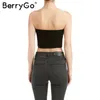 BerryGo Sexy sin mangas blanco crop top Mujer verano playa sin tirantes top tees Casual streetwear botón negro top camisola 2017