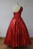 Dark Red Sequins Ball Gown Evening Dresses One Shoulder Ruffles Ankle Length Saudi Arabic Prom Dresses Formal Evening Gowns Zipper Up