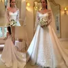 Gorgeous V Neck Lace Long Sleeves Wedding Dresses Off Shoulder Satin A Line Bridal Gowns Sweep Train Wedding Vestidos Custom Made