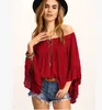 Fashion Women Off Shoulder loose RED lace T-Shirt female Casual Tops new spring summer lady slash neck lace ruffle blusas Shirt