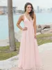 Rosa praia vestidos de dama de honra com decote em v renda chiffon até o chão vestidos de dama de honra vestido de convidado de casamento vestidos de festa255r