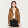 Nya Mode Kvinnor Suede Motorcykeljacka Slim Brown Full Lined Soft Faux Läder Kvinna Coat Veste Femme Cuir Epaulet Zipper