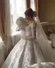 2020 Ball Gown Wedding Dresses Dubai Off Shoulder Lace Tulle Applique Long Sleeve Wedding Gowns Sweep Train Sequins Vintage Bridal Dress