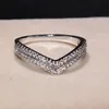 Estilo Duplo V Bonito Jóias de Luxo 925 Prata Esterlina Pave Branco Safira CZ Diamante Festa Novo Feminino Aliança de Casamento Anel Para Presente dos Amantes