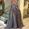 Elegante mangas compridas vestido de baile com Overskirt Sexy V-Neck Beads Lace Floral Applique Mermaid Vestido de Noite elegante Saudita Evening Prom Dress