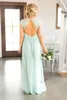 Mint Cap Sleeves Kant Land Lange Bruidsmeisjes Jurken Chiffon Ruche Backless Floor Lengte Bruiloft Gastfeest Bruidsmeisjes van Honor Jurken