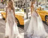 2019 Muse de Berta Vestidos de novia bohemios Sheer Jewel Neck Illusion Lace Boho Vestidos de novia Apliques Vestido de novia de playa sin espalda con lazo