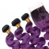 Roxo Ombre Cabelo Humano Weave Bundles com Fechamento Superior Onda Corporal Preto e Roxo Ombre Extensões de Cabelo Virgem com 4x4 Lace Closu8150109