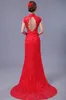 Dentelle rouge soie mince robes chinoises longue robe Cheongsam améliorée rouge col haut dos nu mariée robes de mariée Style sirène