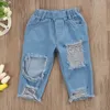 Nouveau 3 PCS Ensemble Mignon Bébé Filles Mode Enfants Filles Vêtements Hors Épaule Crop Tops Blanc Trou Denim Pantalon Jean Bandeau 3 PCS Toddler Set