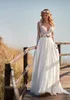 A Line Lace Beach Wedding Dresses Applique Chiffon V Neck Sweep Train Long Sleeve Country Wedding Gowns Belt Boho Bridal Dress Plus Size