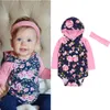 Nieuwste babykleding lente herfst pasgeboren baby meisje kleding bloem prints hooded romper jumpsuit + hoofdband 2 stks set outfit