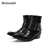 2019 Handmade Rock Men Boots Ankle Pointed Toe Black Leather Boots Men with Buckles 6.5cm Heels Military Short Boots for Men Botas Hombre