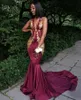 Africa Sexy Grape Evening Dresses Deep V-Neck Sleeveless Prom Gowns With Gold Applique Mermaid Style Sweep Train Custom Made Formal Gowns