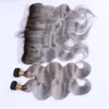 Bundles de cheveux humains de vague de corps péruvienne gris argent ombré avec frontaux 1B / gris tissage de cheveux vierges ombrés avec fermeture frontale en dentelle 13x4
