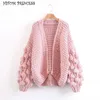 HITOM PRINCESS Lantern Sleeve Pompom Ball Knitted Sweaters Women Cardigan 2018 Handmade Warm Knit Jumper Oversized Outwear Coats