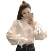 Style Bow Spring Office Lady Women Chiffon Blouses Elegance Lace Patchwork Shirts Loose Flare Sleeve Blouses Hot Sale T81913A