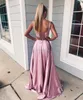 2019 Two Pieces Prom Dresses Ronde Hals Mouwloze Open Terug Corset Kant Crop Top Sexy High Split Lange Avond Feestjurken Sweep Trein