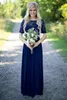 カントリーブライドメイドドレス結婚式のためのホットロングネイビーブルーシフォン短袖