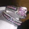 Luxury Size 5/6/7/8/9/10 Jewelry 10kt white gold filled Pink Topaz Princess cut simulated Diamond Wedding Ring set gift with box