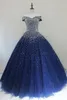 Quinceanera elbiseler balo elbiseleri prenses kabarık koyu kraliyet mavisi tül maskeli yapı tatlı 16 elbiseler sırtsız balo parti elbiseleri dh4065