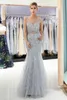 Gray Tulle Mermaid Long Prom Dresses Sheer Crew Neck Major Beaded Crystals Feather Formal Party Evening Dresses 100% Real Image CPS1177