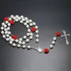 8mm White Imitation Pearl Bead Holy Rosaries Necklace With Rose Flower Catholic Rosary Quality Bead Cross Necklace