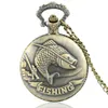 Clásico Vintage bronce pesca cuarzo reloj de bolsillo Retro hombres mujeres collar colgante joyería regalos moda bolsillo