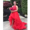 Red Luxury Prom Dresses High Low Tiered Ruffle Evening Dresses With Lace Applique Beaded Sweep Train Custom Made Vestidos De Noiva