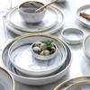 Nordic Gold Rim Marmor Textur Geschirr Set Runde Keramik Teller Suppe Teller Reis Schüsseln Gewürz Gerichte Grau Rosa