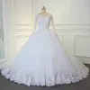 Chapel Train Ball Gown Wedding Dresses With Long Sleeve Bateau Buttons Lace Applique Wedding Gowns Bridal Dress Party Custom Made Plus Size