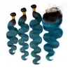 Dark Roots 1b Teal Cheveux Humains Tisse Extension De Cheveux Bleus Avec Fermeture À Lacets Ombre Cheveux Humains Vierge Péruvienne 3 Bundle Deals