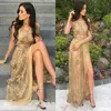 Vintage Lace African Girl High Neck Split Guest Dress Evening Dress Elegant Gold Applique Long Sleeve Stunning Party Prom Dress