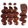 Färgad Auburn Virgin Indian Human Hair Buntar med stängning Kroppsvåg 3st # 33 Mörk Auburn Weaves 3 Bundle Deals with Lace Closure 4x4