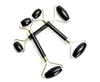 Natuurlijke zwarte obsidiaan gesneden Reiki Crystal Healing Gua Sha Beauty Roller Facial Massor Stick met legering verguld