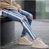 Mens Blue Ripped Holes Jeans Side Striped Skinny Straight Slim Elastic Denim Fit Jeans Male Fashion Long Trousers Jeans