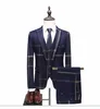 3 pièces (veste + gilet + pantalon) fabriquée sur mesure Nevy Blue Hommes Costumes sur mesure Tailor Fabriqué Ménageur Main Slim Fit Plaid Business Tuxedo