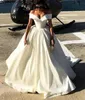 White Simple Prom Dresses V Neck Off Shoulder Short Sleeves A Line Formal Evening Dresses Ruffles Sweep Train Zipper Back Custom Made Gowns