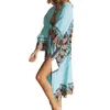 Summer Women's Floral Tryckt Kimono Beach Cover Up One Size Maxi Badkläder Beachwear Sexy Aqua Mandala Long Beach Kimono Midi Dress