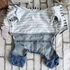 Mode fyra ben jeans hund kläder chihuahua husdjur cool vår jumpsuit randig jacka med denim overalls teddy jeans fritid sweatshirt