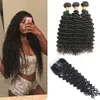 Extensions de cheveux humains mongols vague profonde bouclés 3 faisceaux avec fermeture à lacet 4X4 cheveux vierges bouclés profonds 8-28 pouces couleur naturelle